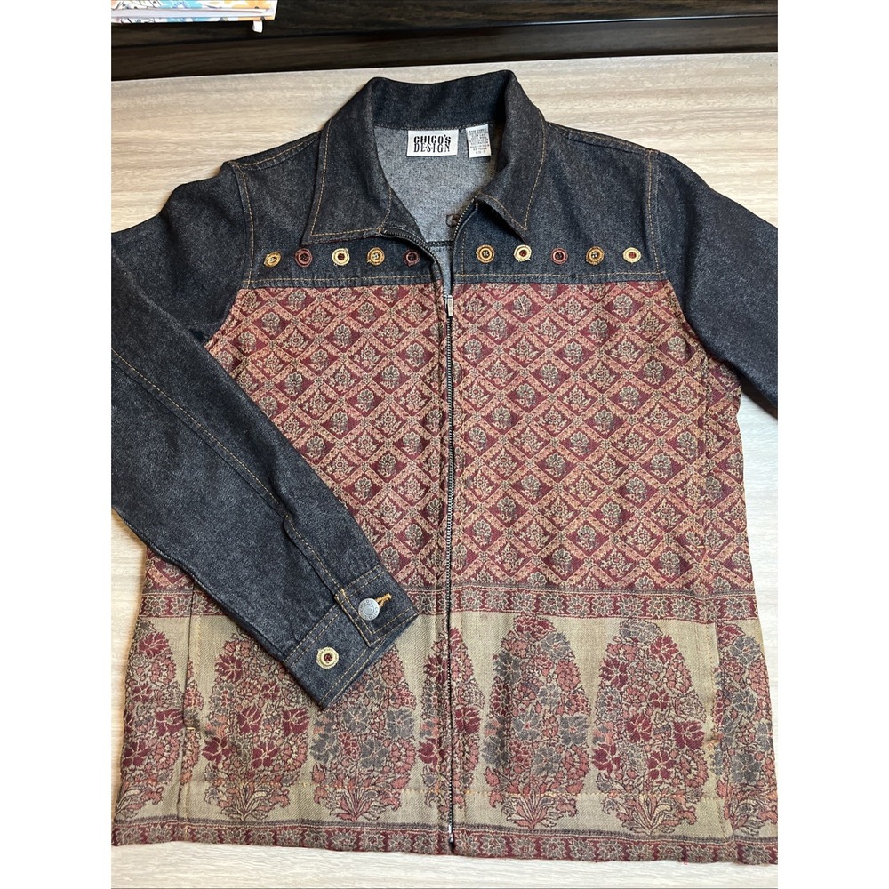 Chicos Design Denim Jacket Embroidered Pattern‎ Full Zip Women Size 0